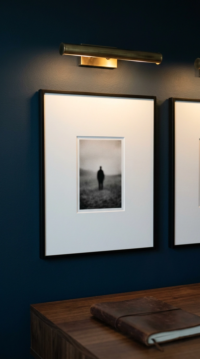 Small black and white photo floating inside a very wide white mat in a black frame on a deep blue wall