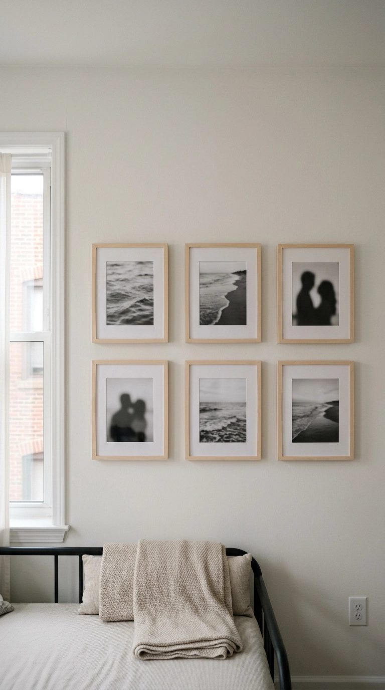 Six birch frames hung flush with adhesive strips in two rows on a white rental apartment wall