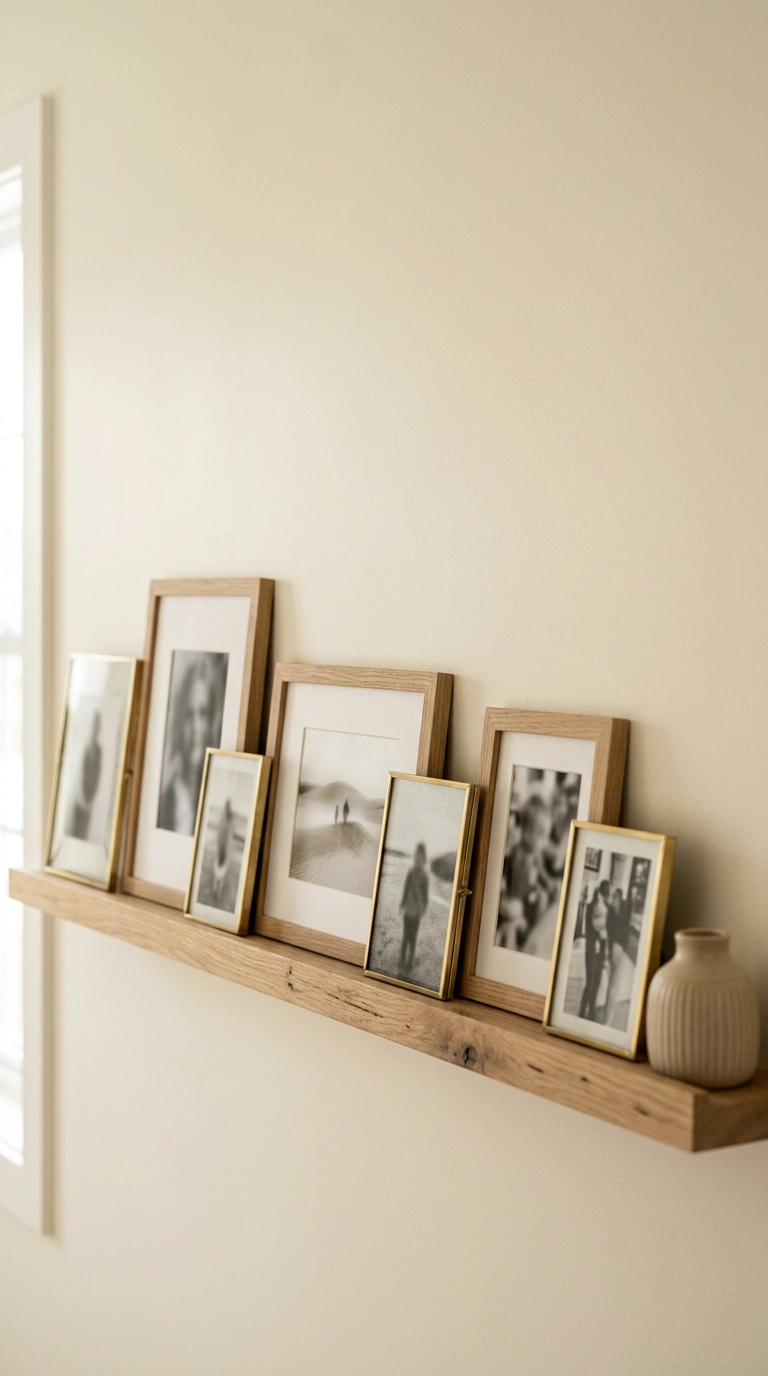 Slim oak picture ledge holding seven overlapping family photo frames against a creamy white wall