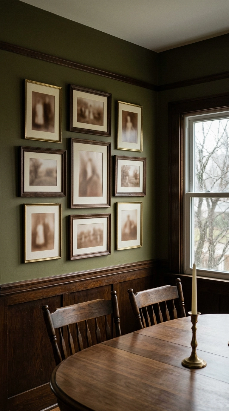 Nine sepia toned family photos in brass and oak frames on a deep olive dining room wall