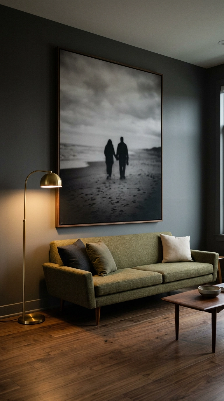 One oversized black and white family portrait in a walnut floater frame above an olive green sofa