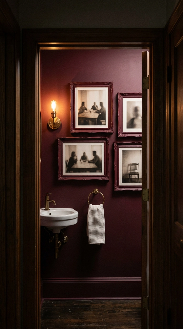 Powder room with five photo frames painted the same deep burgundy as the color drenched walls