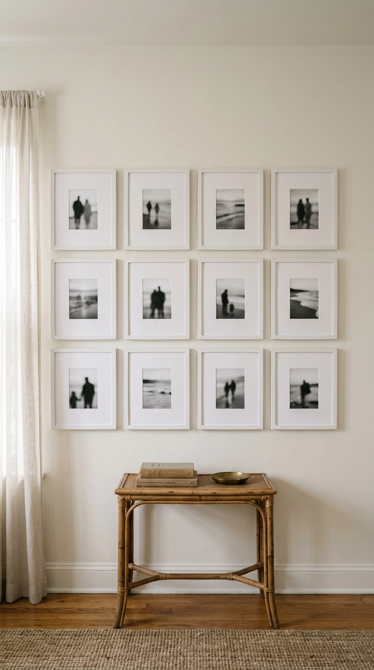 Twelve matching white budget frames in a tight grid above a rattan console in a rental apartment
