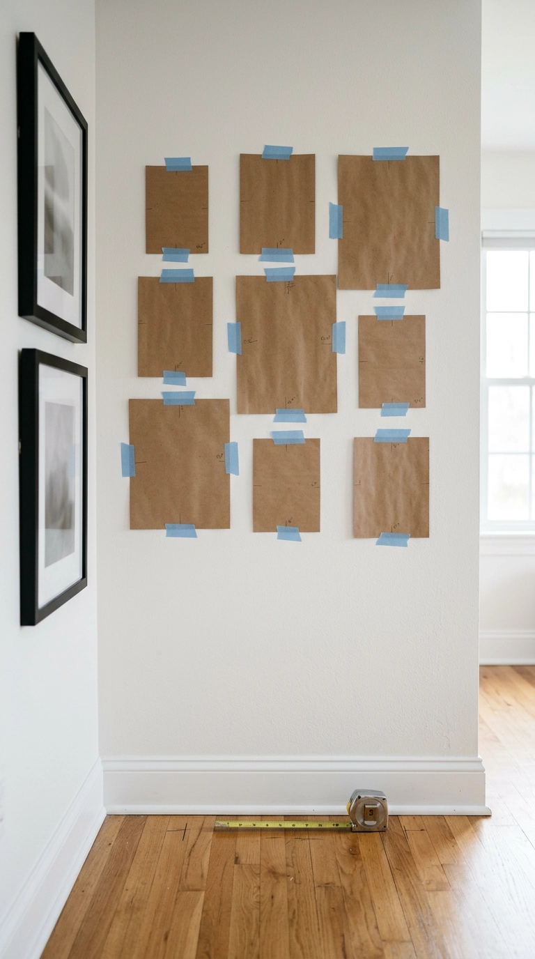 Kraft paper templates taped to a bedroom wall to plan a family photo wall layout
