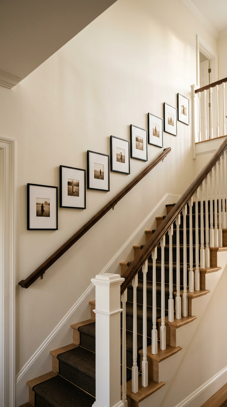 Nine black frames stepping diagonally up a staircase wall following the handrail angle