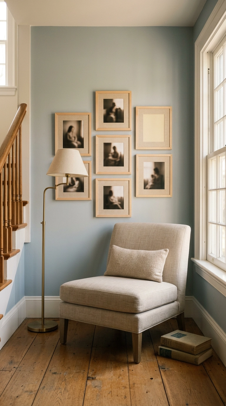 Seven maple frames on a powder blue landing wall with one frame left empty above a linen chair