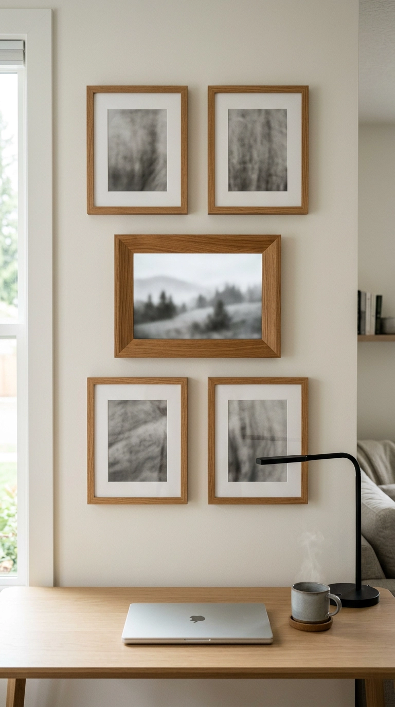 Digital picture frame in a warm oak surround blended among four matching oak photo frames