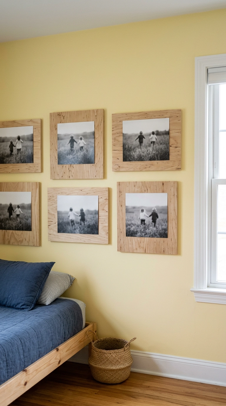 Six frameless photo prints mounted on birch plywood panels on a butter yellow kid's bedroom wall