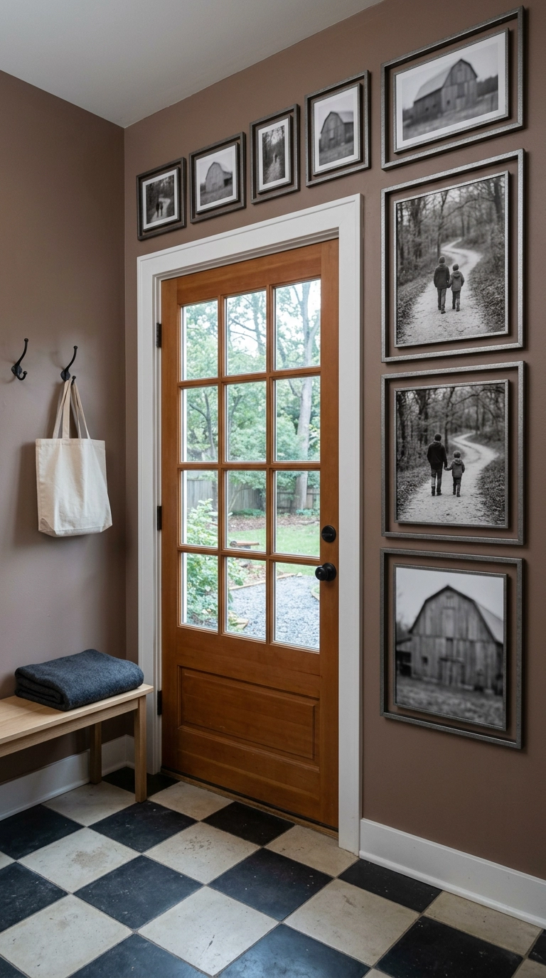 Nine pewter frames arranged in an L around a mudroom doorway on a cocoa brown wall