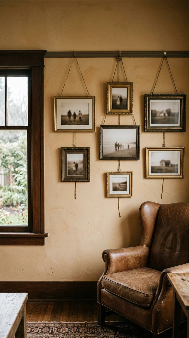 Framed family photos hanging from brass cords off a picture rail molding strip in a craftsman room
