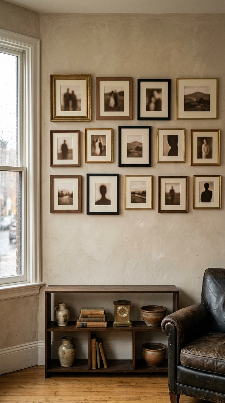 Family picture wall mixing gold, black, walnut and brass frames on a warm putty plaster wall