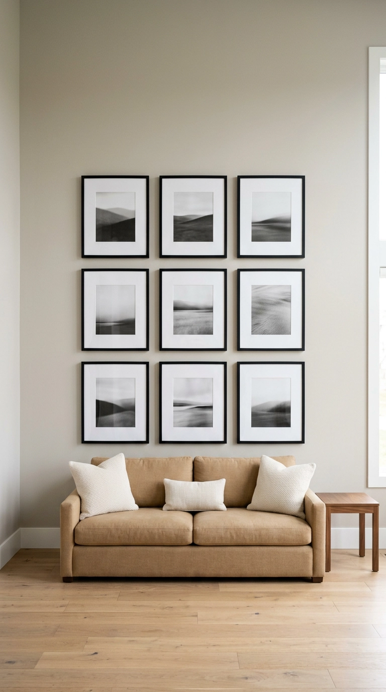 Nine matching black frames in a three by three grid on a greige wall above a camel linen sofa