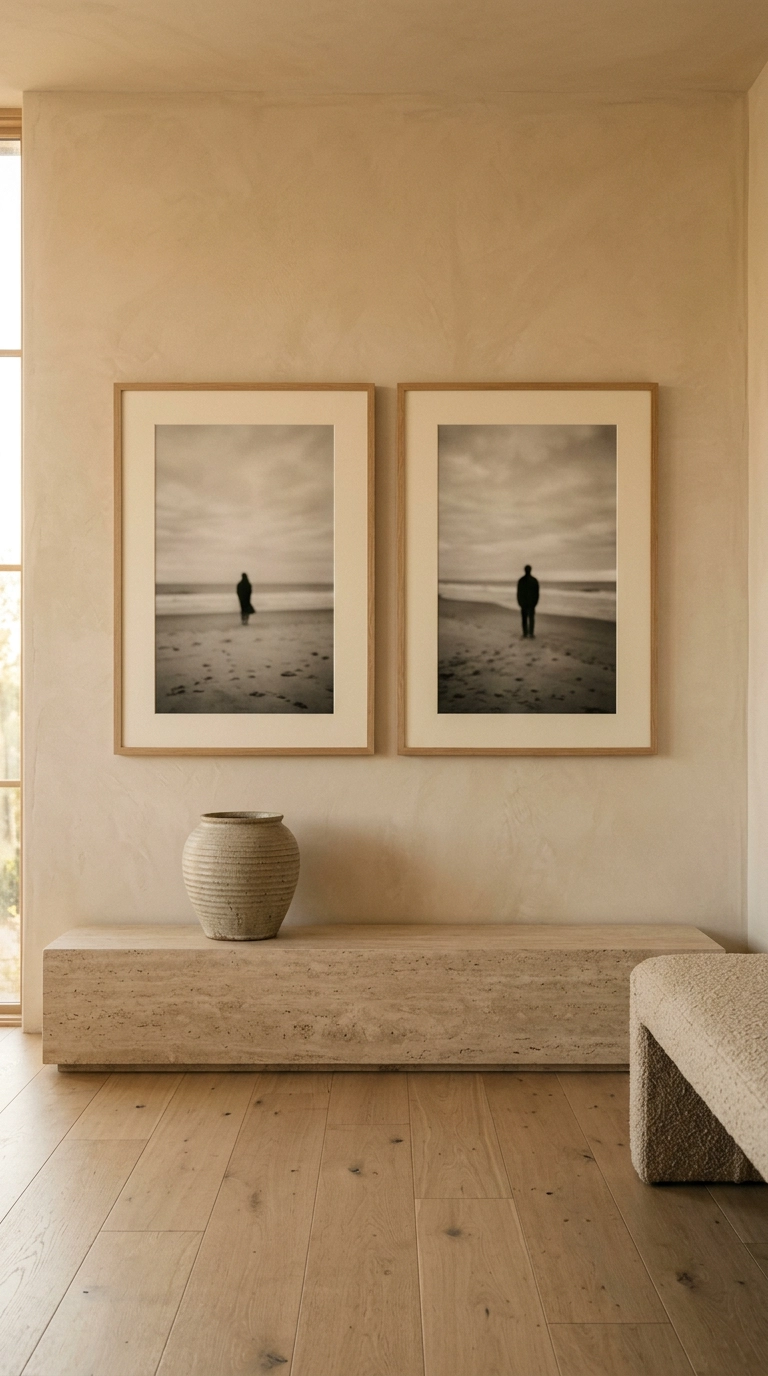 Two large oak frames with wide cream mats above a travertine console on an almond plaster wall