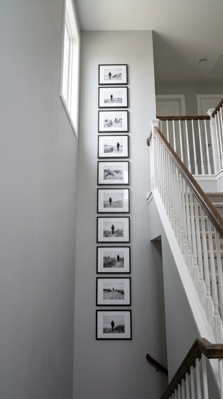 Tall vertical column of twelve black frames climbing a double-height stairwell wall