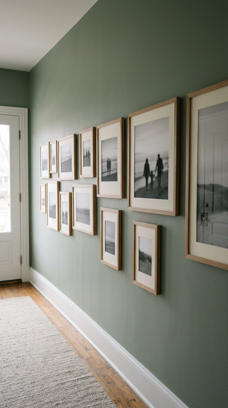 Hallway family photo wall with mixed size oak frames holding black and white images on a sage wall