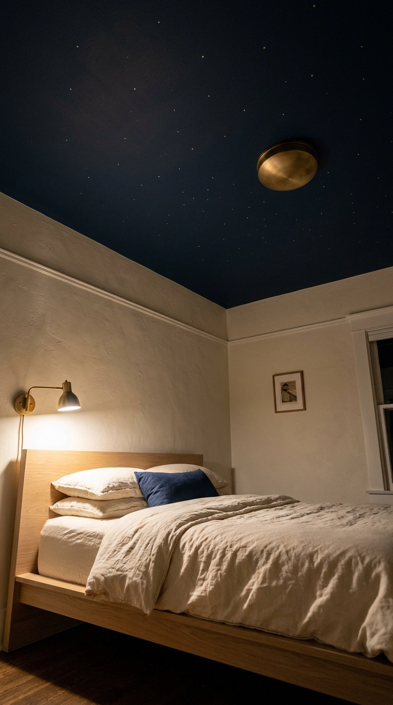 Deep navy bedroom ceiling with faint painted gold star dots above a white oak bed