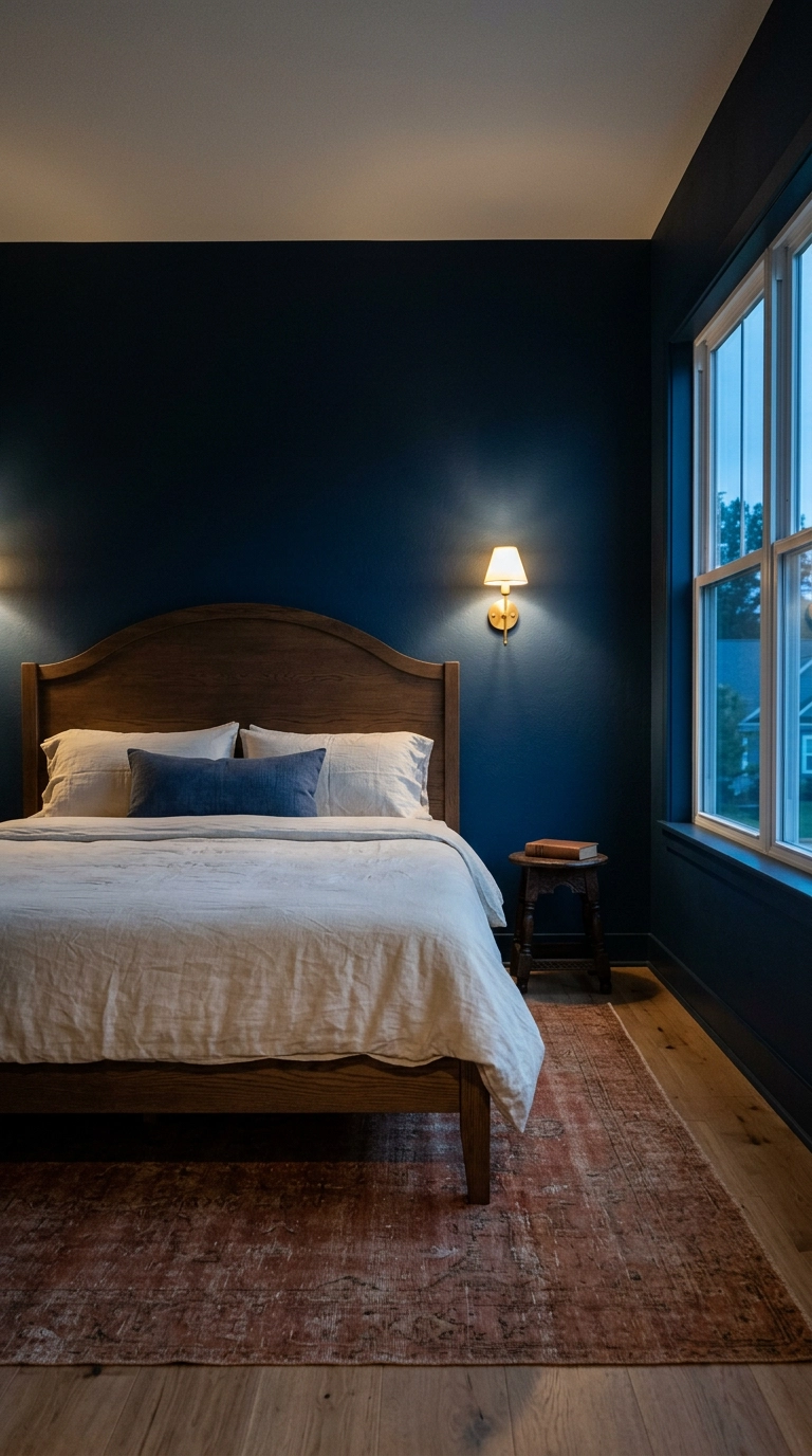 Restrained ink-blue bedroom with an arched oak headboard and one brass sconce