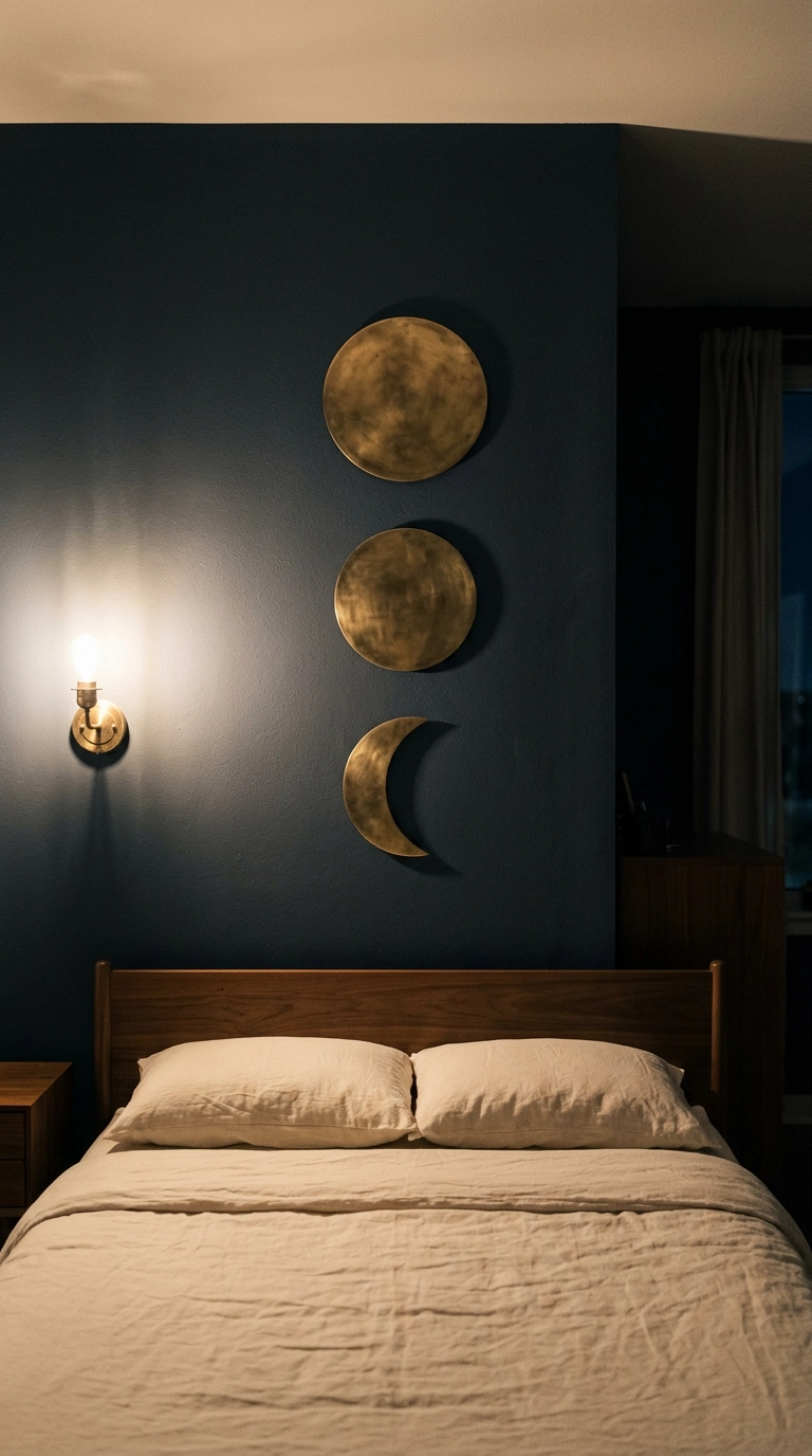 Three brass moon phase discs mounted on a deep charcoal blue bedroom wall