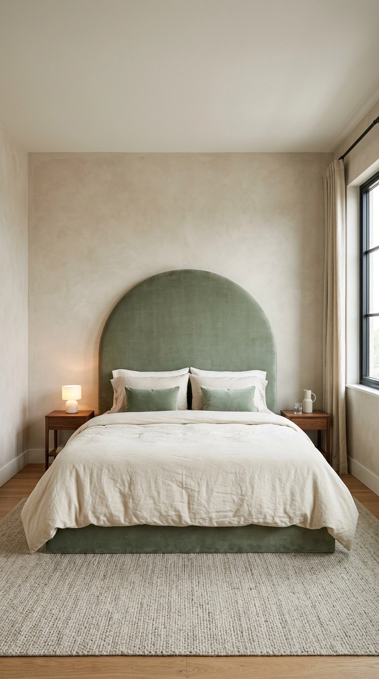 Tall arched sage green velvet headboard against warm limewashed plaster walls