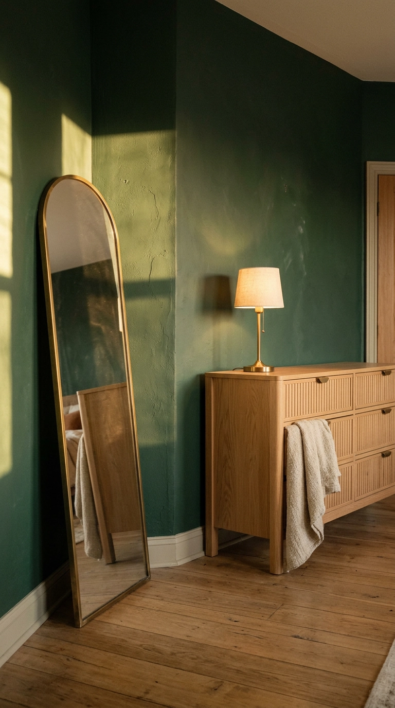 Tall arched brass floor mirror leaning against a deep forest green bedroom wall