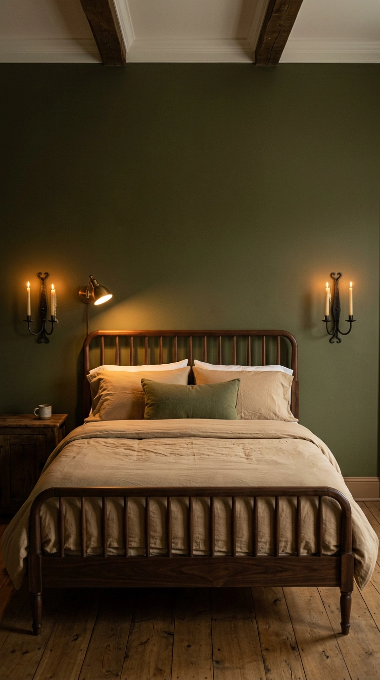 Two blackened iron candle sconces flanking a dark walnut spindle bed