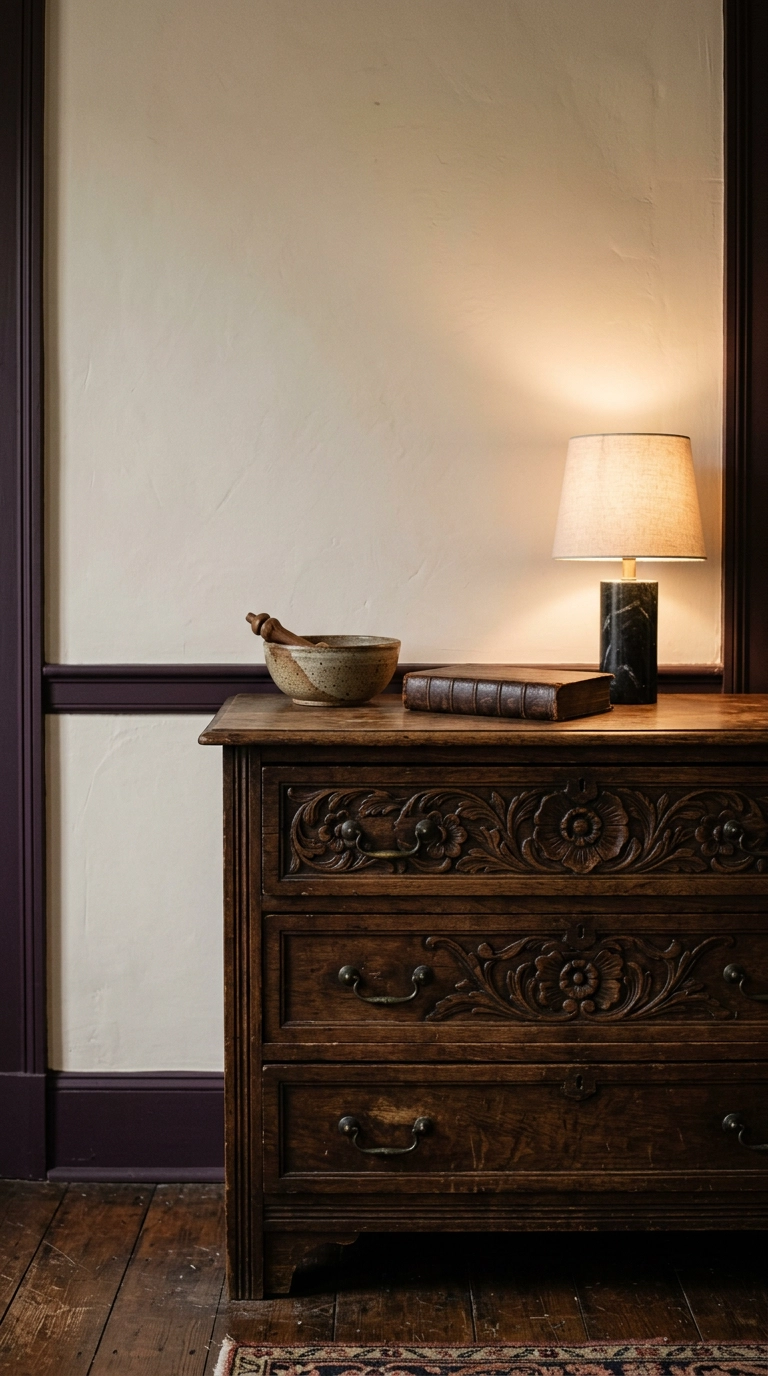 Antique carved walnut dresser with original brass pulls lit by a warm lamp