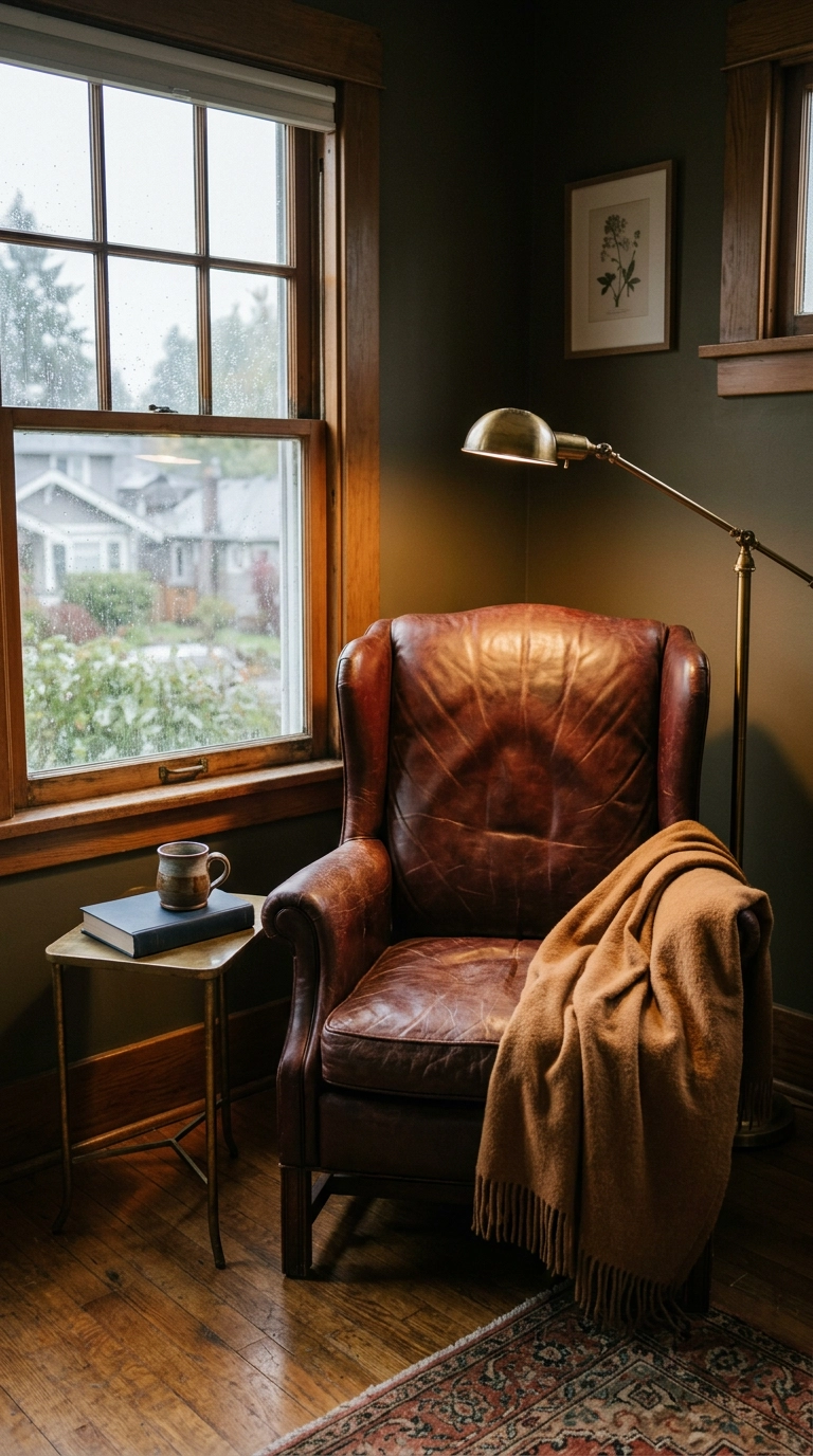 Oxblood leather wingback chair and brass floor lamp in a bedroom reading corner