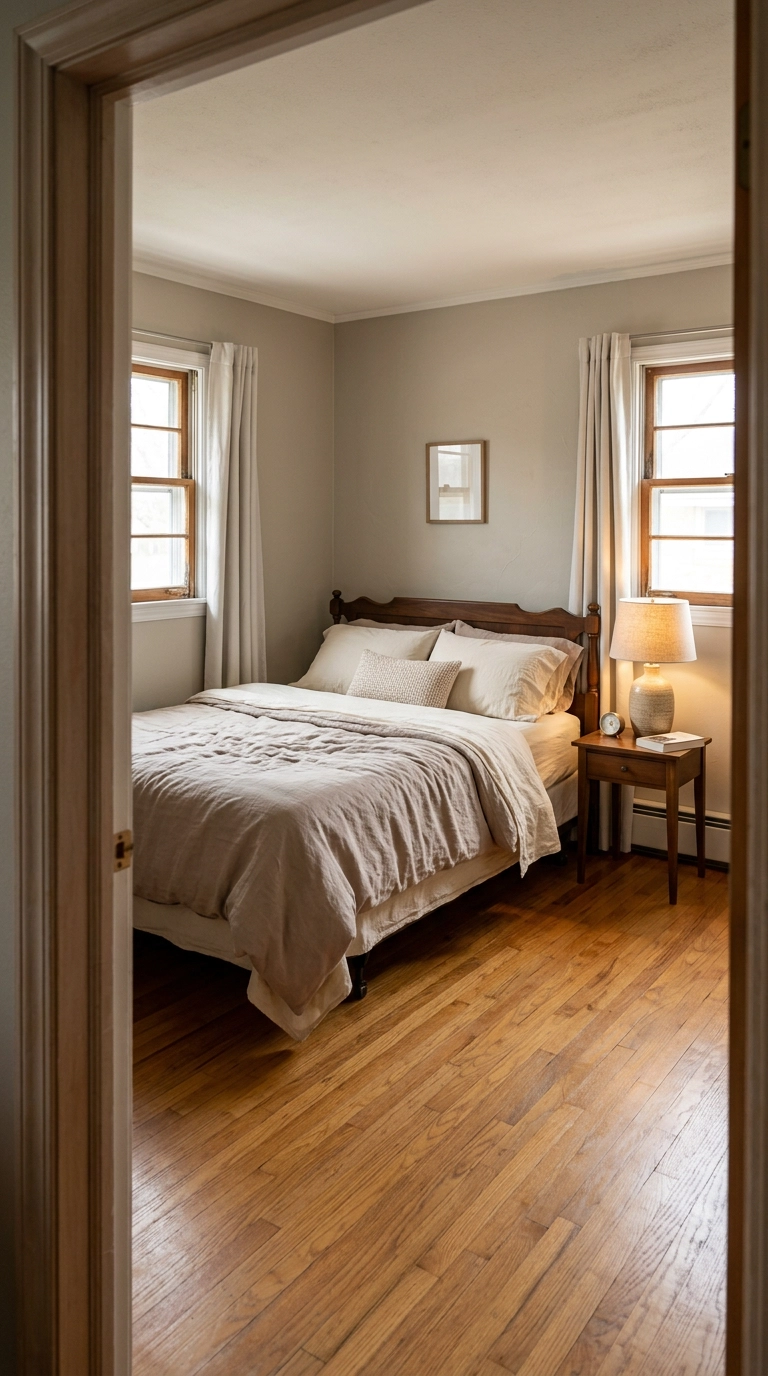 Queen bed placed between two windows in a small ranch bedroom seen from the doorway
