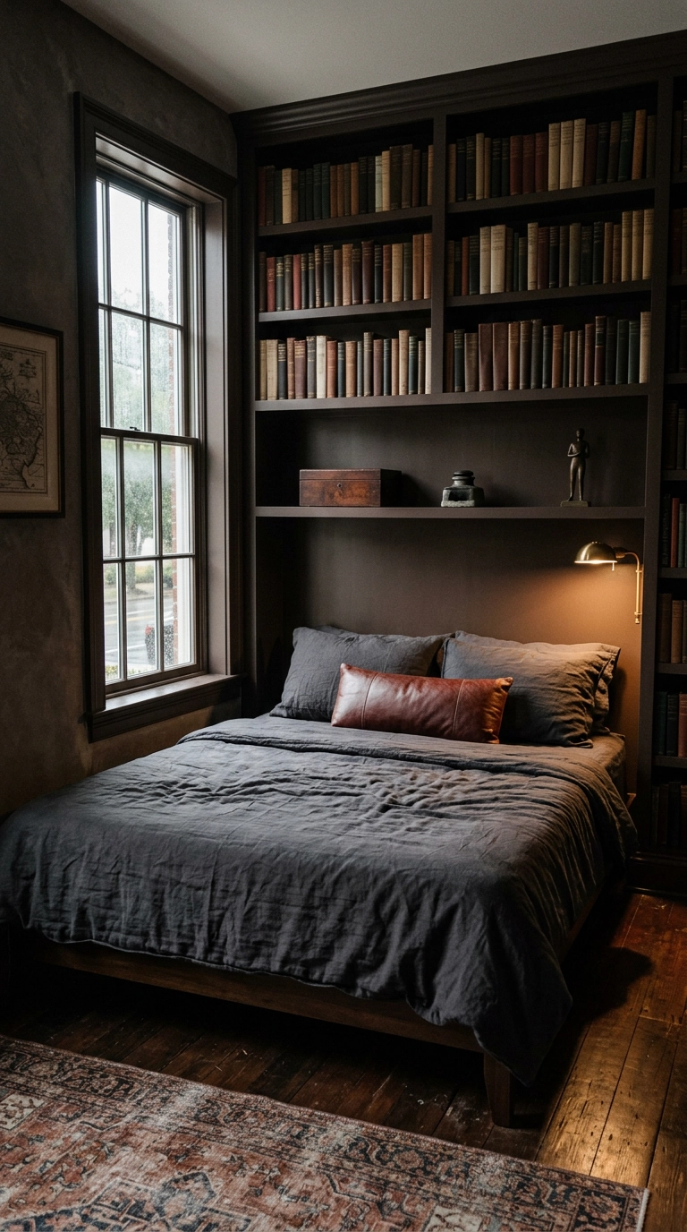 Floor-to-ceiling espresso bookshelves filled with aged hardcovers behind a low bed