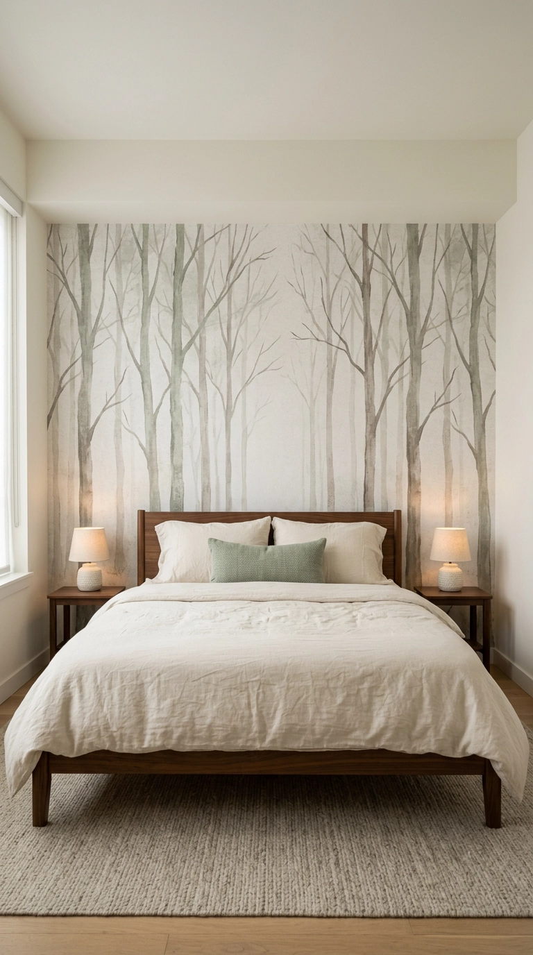 Muted painterly forest mural wallpaper behind a low walnut platform bed