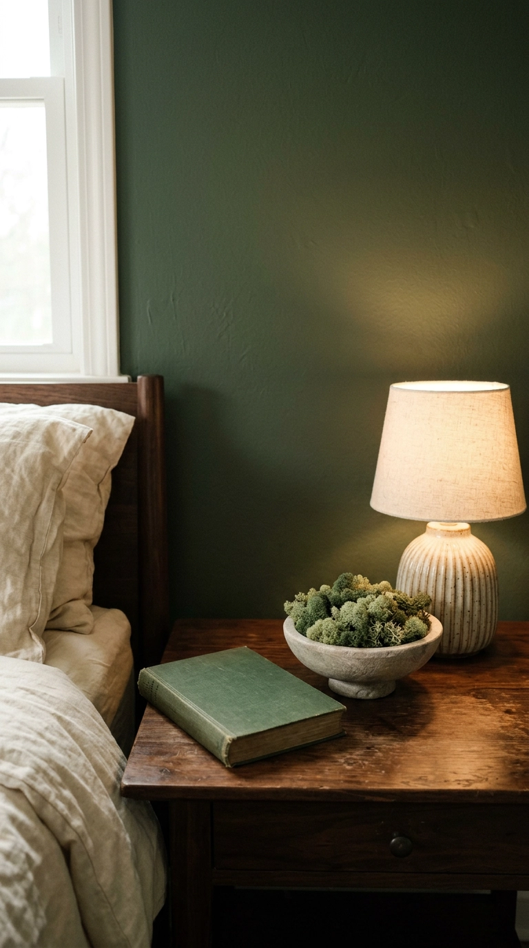Preserved sage moss in a small stone bowl on a walnut nightstand
