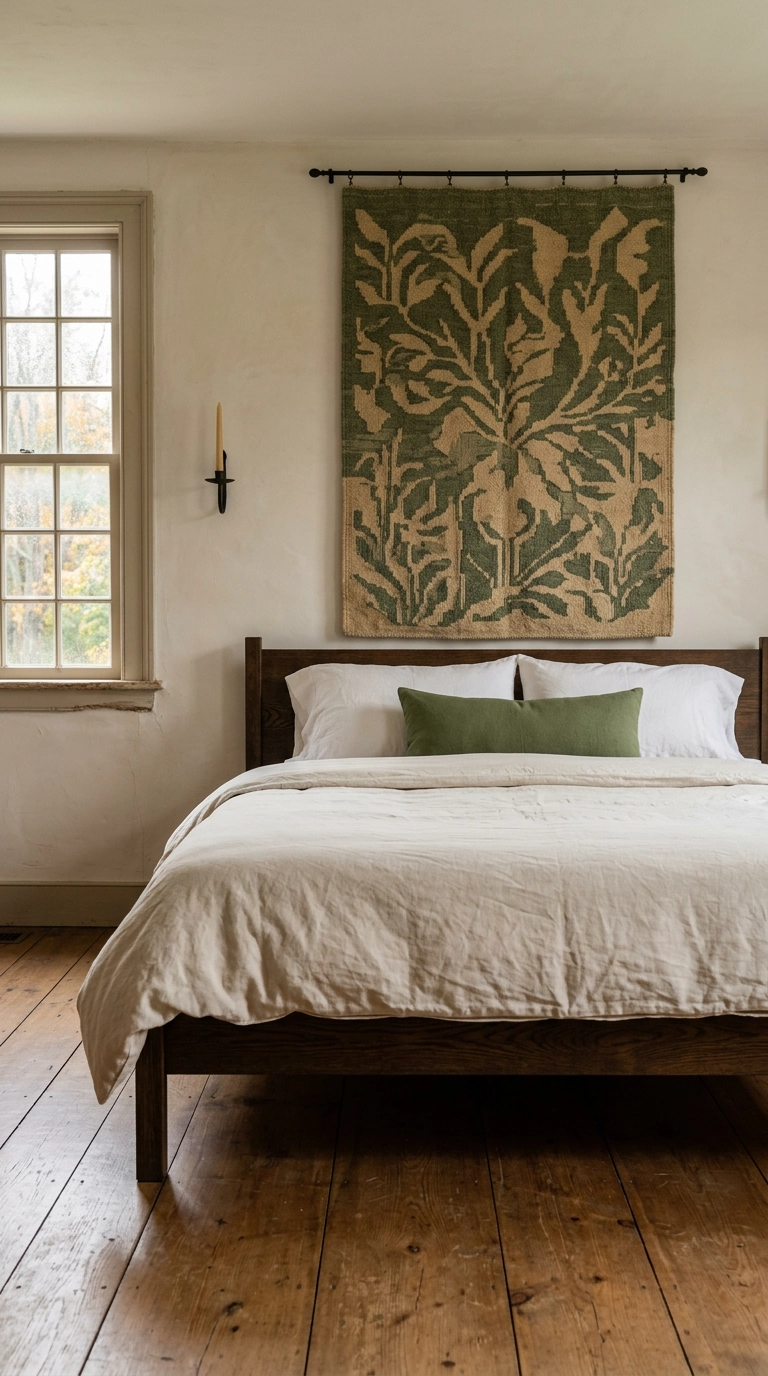 Faded moss green woven wool tapestry hung on an iron rod above a dark oak bed