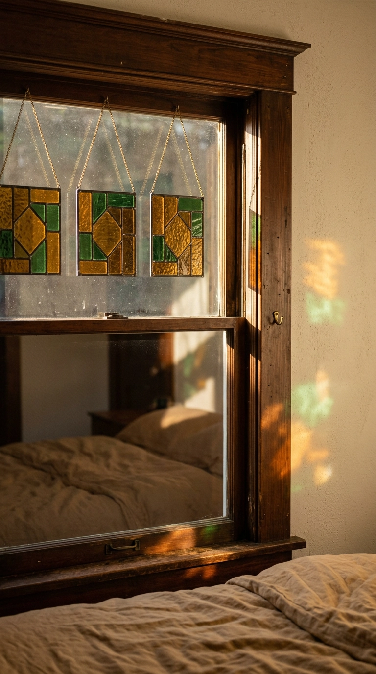 Amber and green stained glass panels in a bedroom window casting colored light