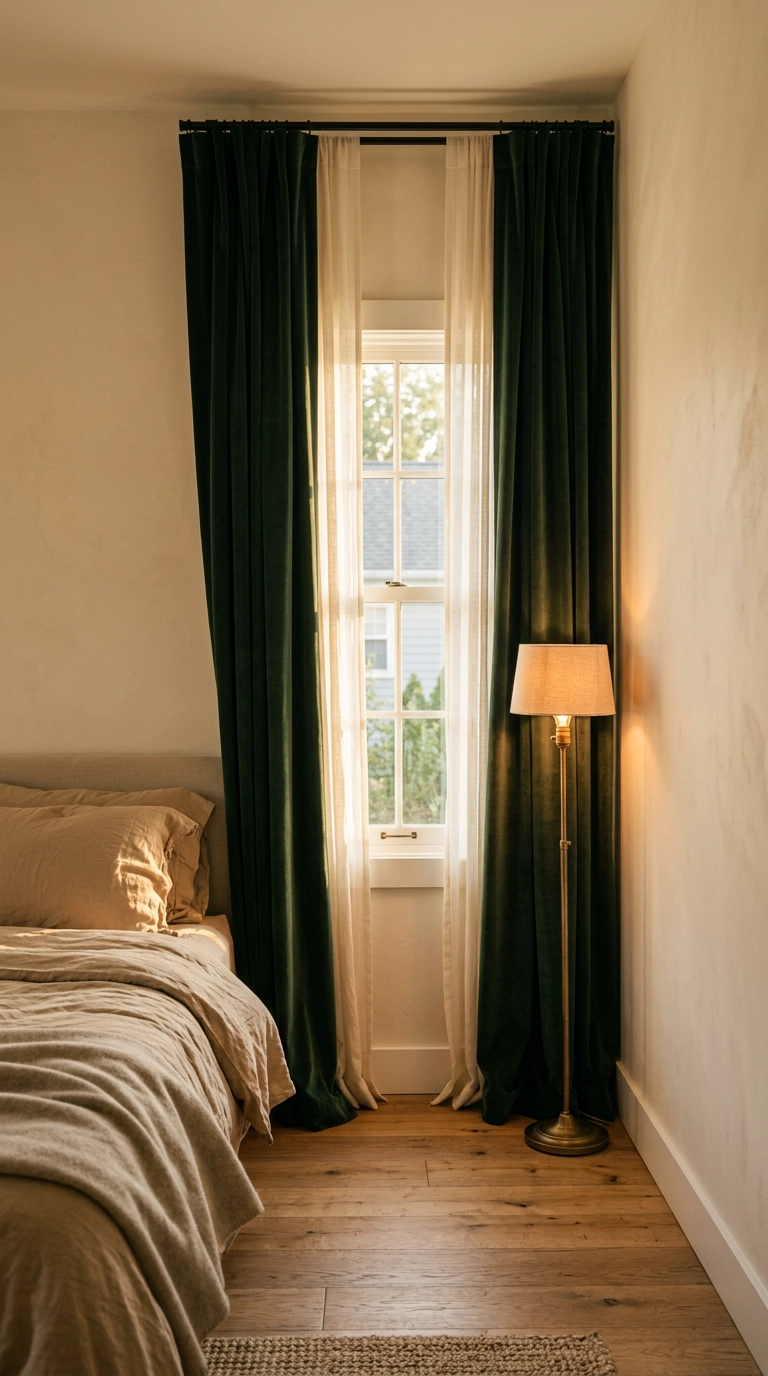 Deep green velvet curtains hung at ceiling height pooling on an oak floor