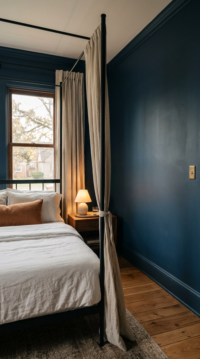 Black iron four-poster bed with loosely draped linen panels in a deep blue bedroom