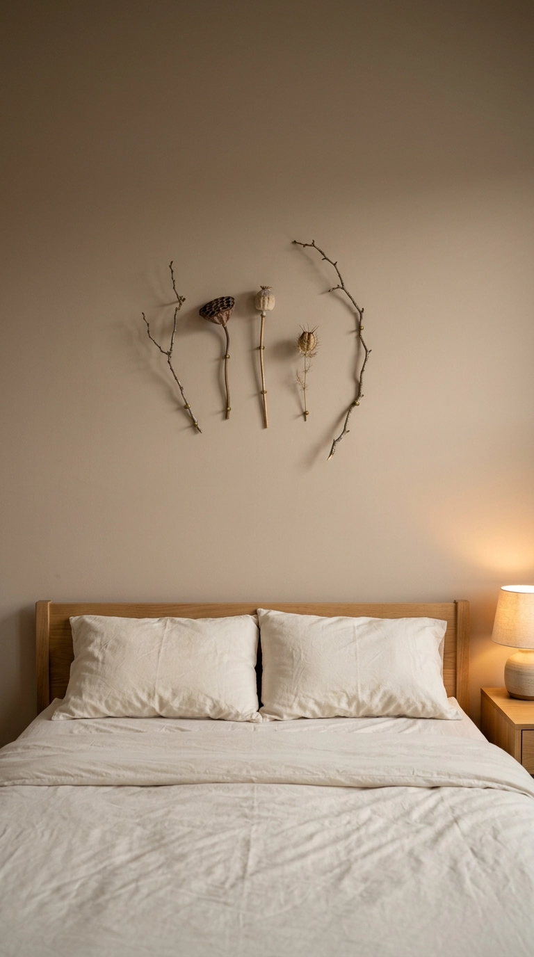 Sparse dried seed pods and branches pinned in an asymmetric shape above a bed