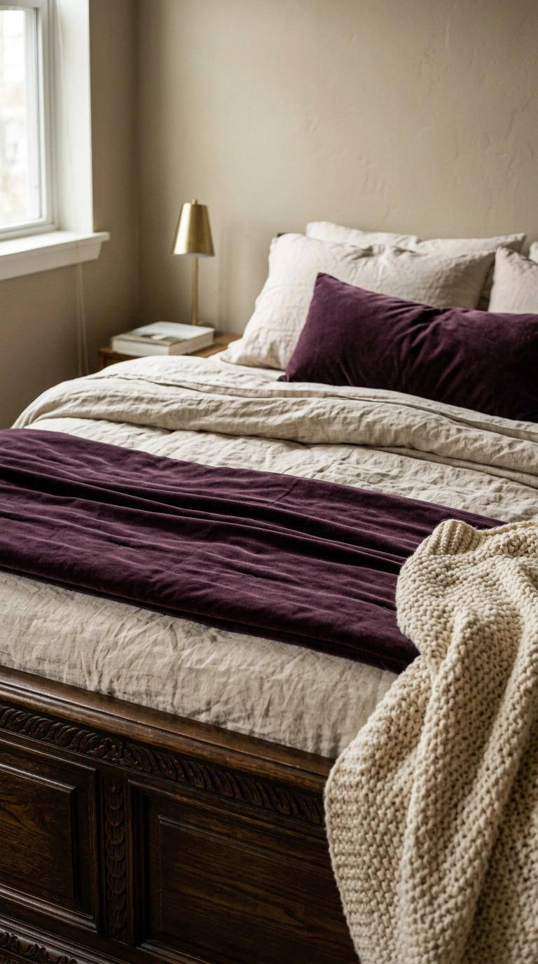 Deep aubergine velvet coverlet layered over oatmeal linen bedding