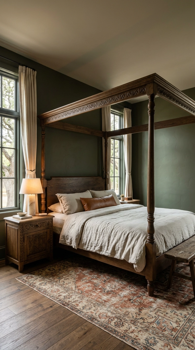 Solid dark oak carved canopy bed with turned posts in a bronze-green bedroom