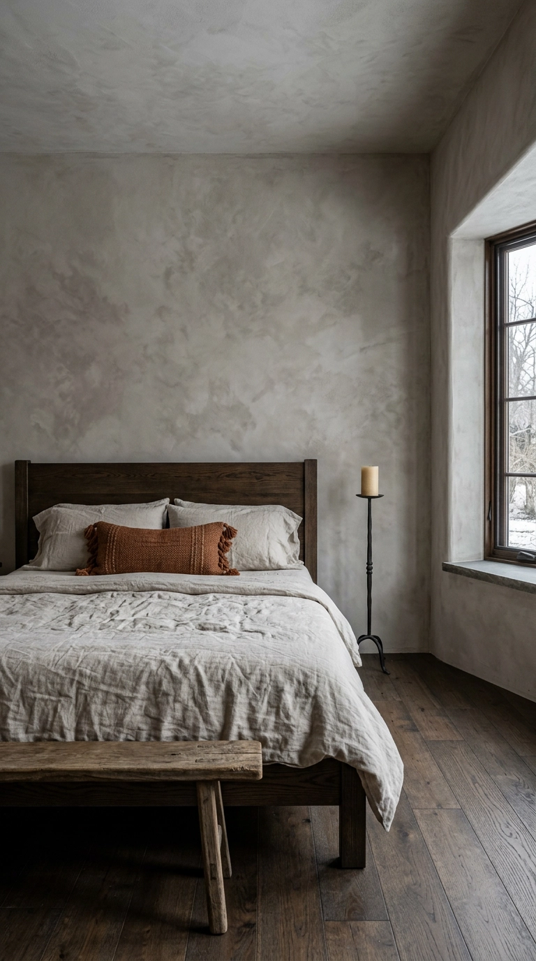 Mottled stone-grey limewashed bedroom walls with a heavy dark oak plank bed