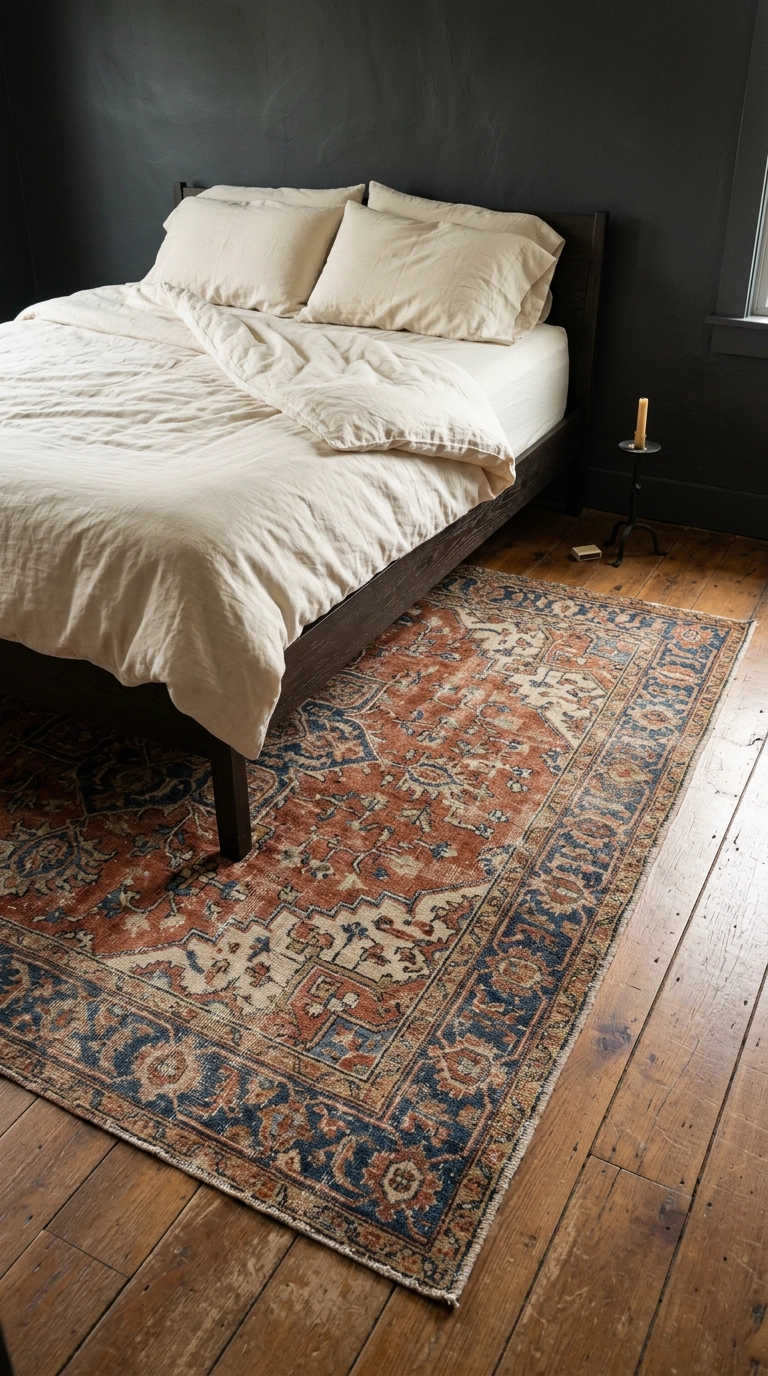 Faded antique Persian rug in rust and indigo extending past a dark wood bed