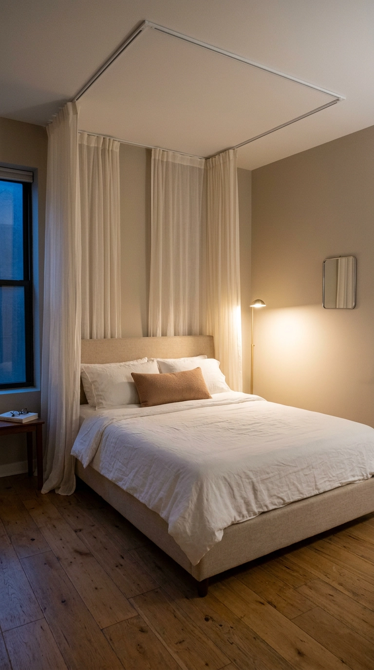 Sheer ivory voile canopy hung from a ceiling track above a low upholstered bed