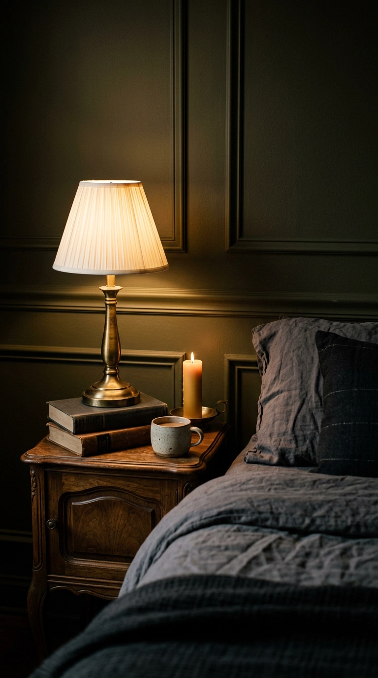 Warm 2200K brass bedside lamp glowing beside charcoal linen bedding at night