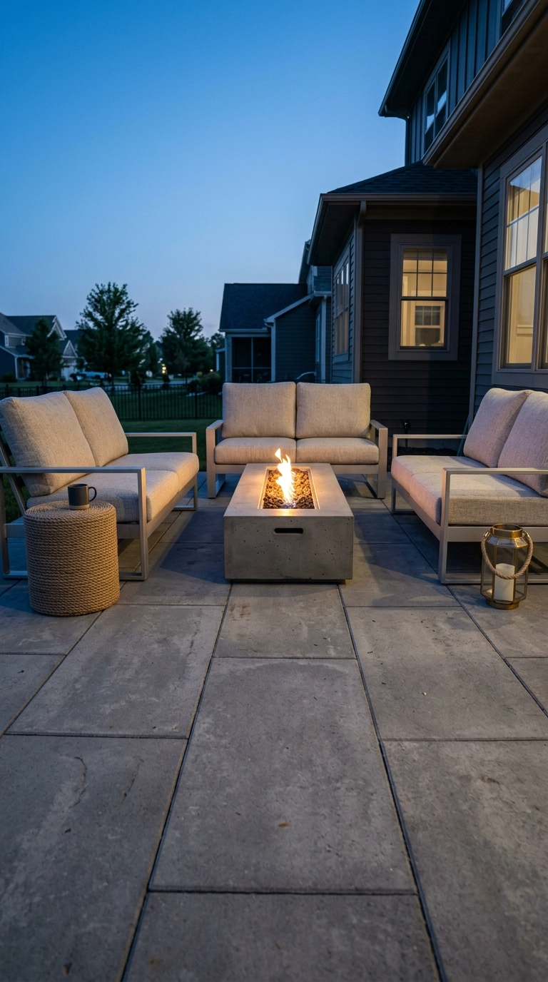 Concrete gas fire table with lounge chairs and a loveseat set in a U shape on a paver patio at dusk