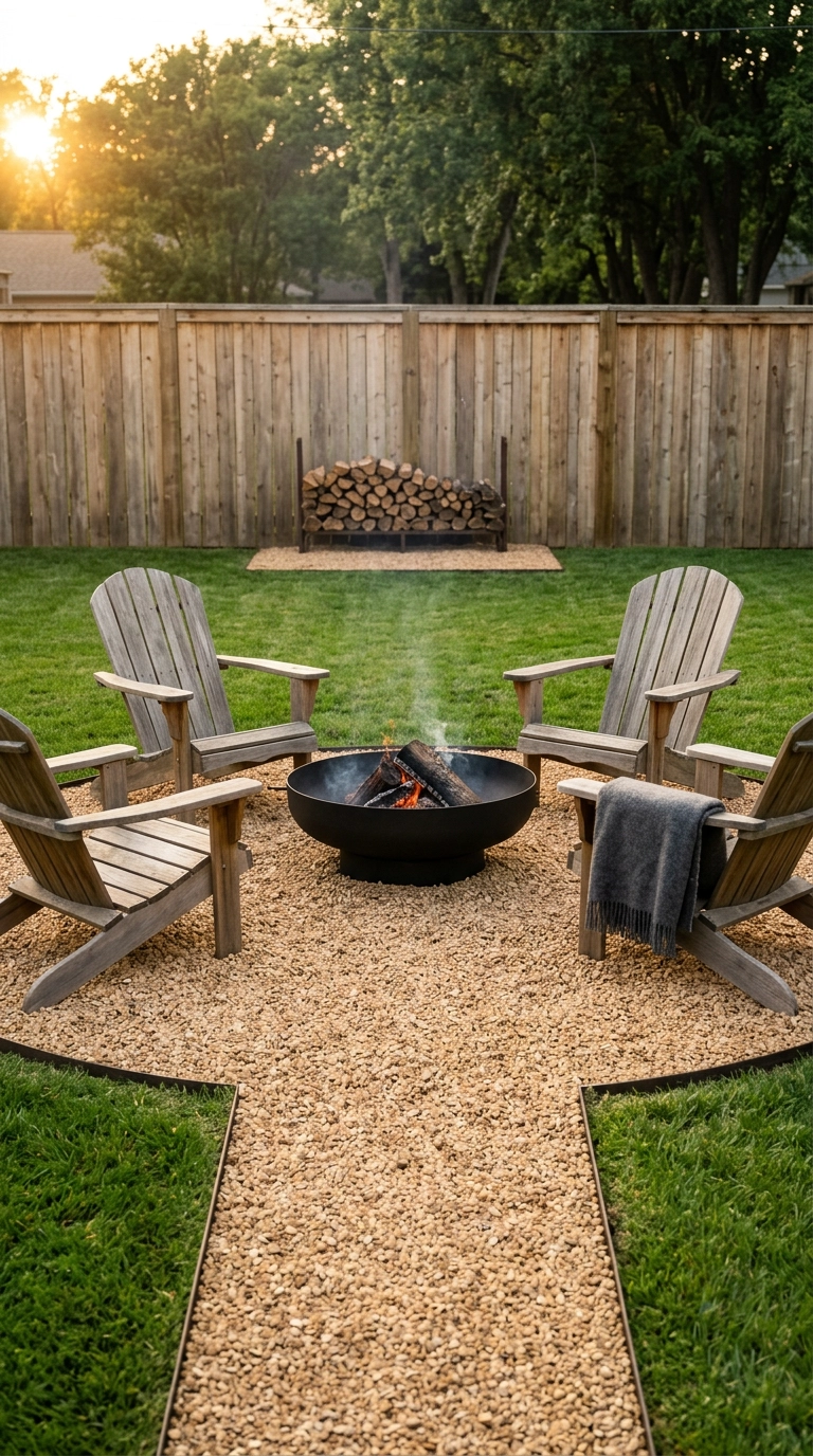 Round black steel fire pit in a pea gravel circle edged with steel, surrounded by four teak Adirondack chairs