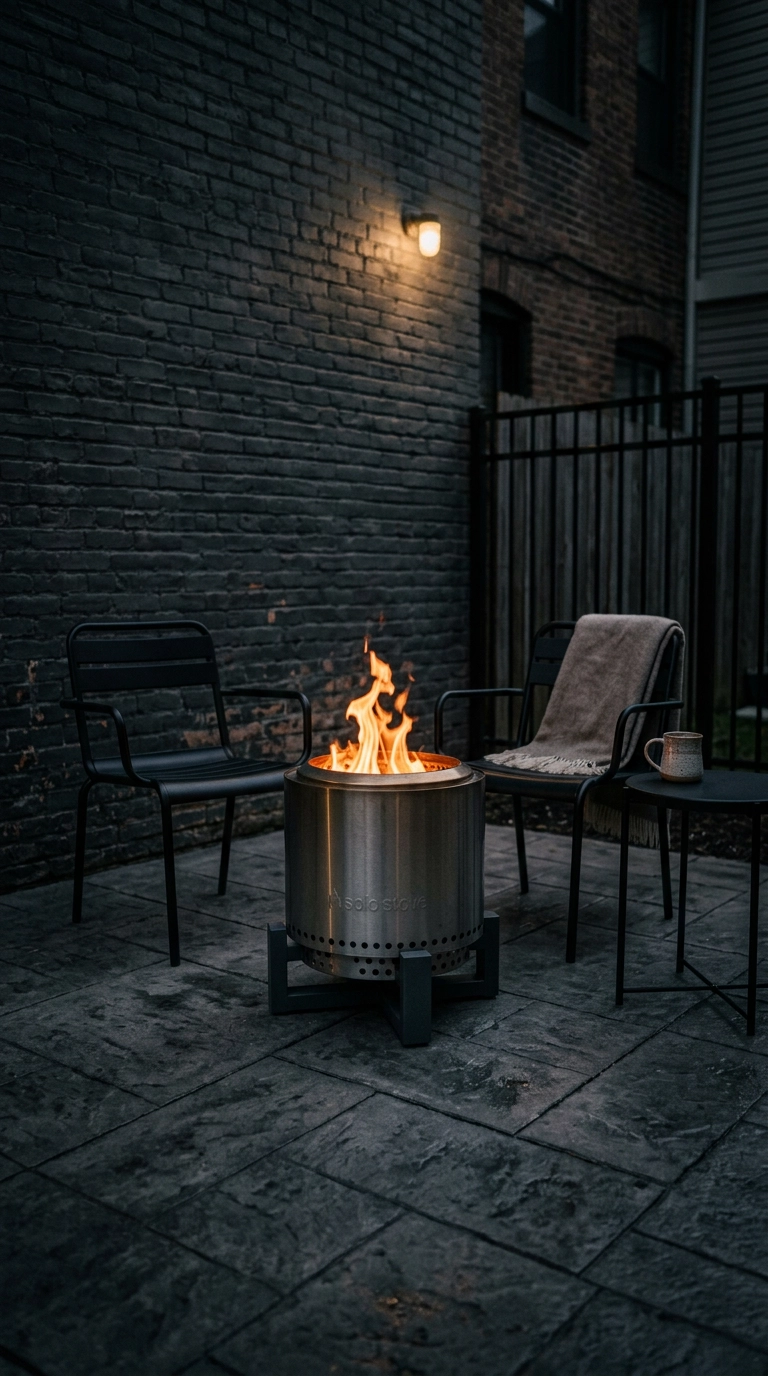 Brushed stainless smokeless fire pit with a clean flame between two compact black café chairs in a small yard