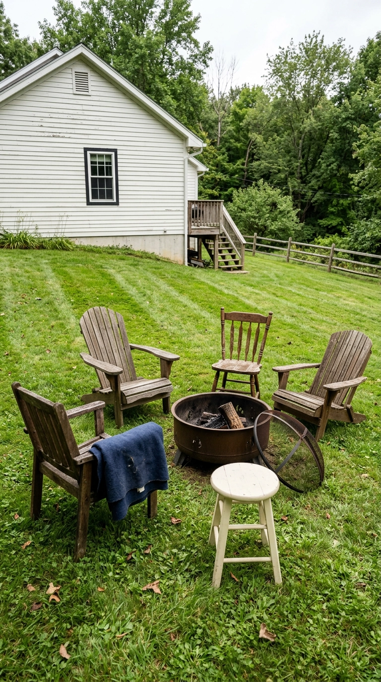 Mismatched wooden chairs pulled into an even circle around an existing bronze backyard fire pit