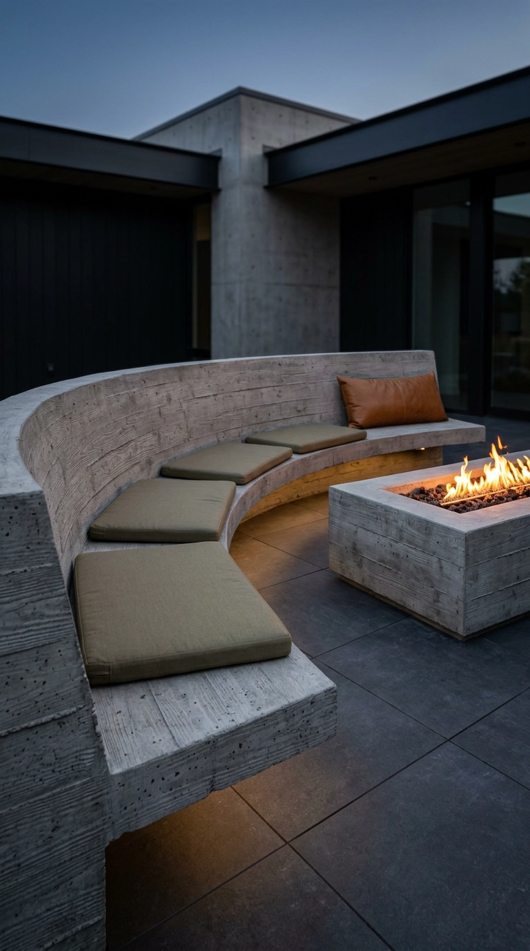 Curved board-formed concrete bench wrapping a square gas fire pit with olive cushions at dusk