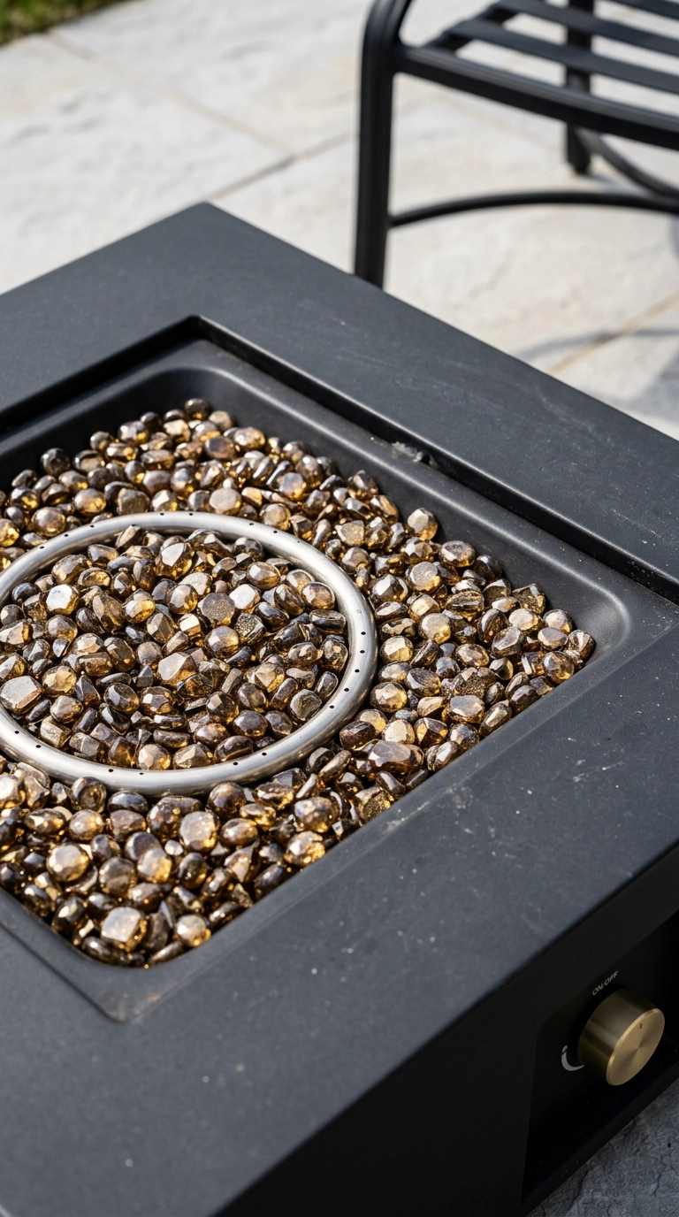Close-up of bronze reflective fire glass pebbles filling an unlit square black steel gas fire pit