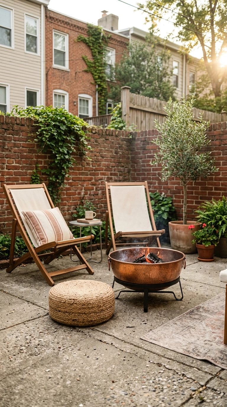 Hammered copper portable fire bowl on an iron stand between two folding acacia sling chairs on a small patio