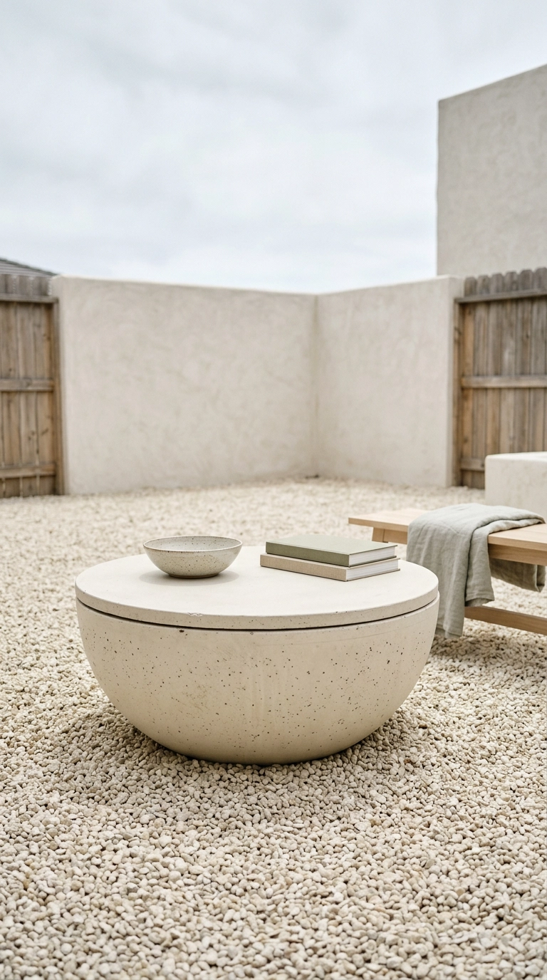 Bone-white concrete fire pit topped with a matching lid styled as a low table with a bowl and two books